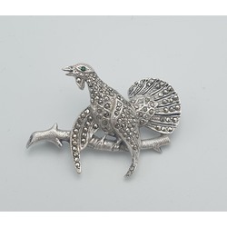 Silver Art Nouveau Brooch - Black grouse with marcasite crystals and one emerald
