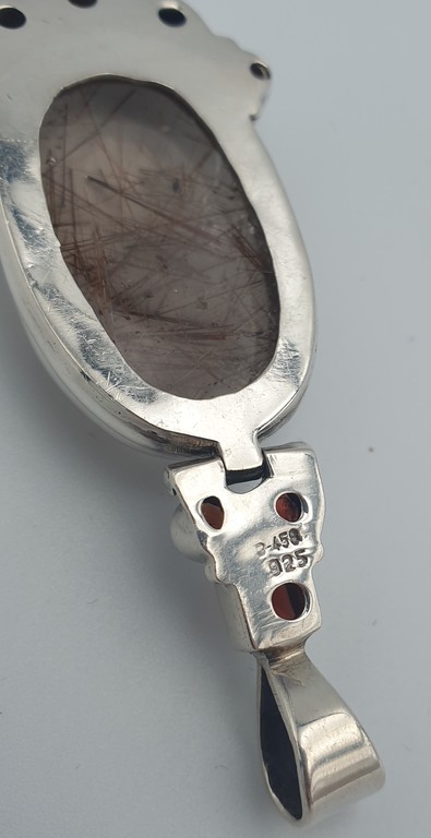Silver Art Nouveau pendant with natural precious stones - 8 garnets and rutile quartz