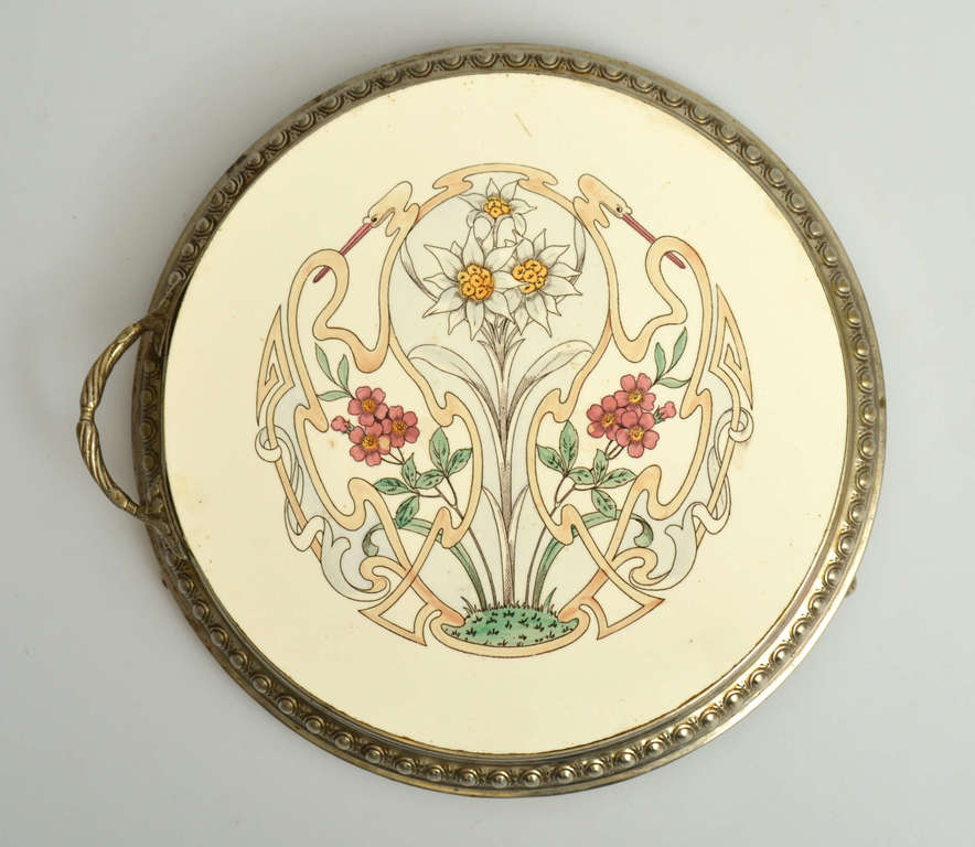 Art Nouveau porcelain cake tray with metal edge