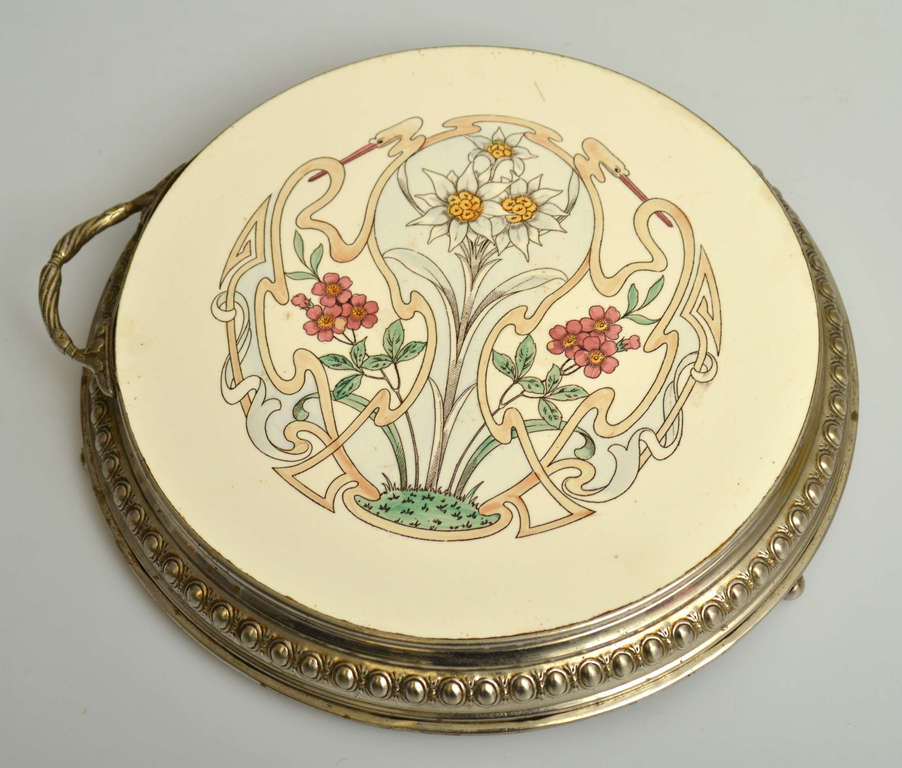 Art Nouveau porcelain cake tray with metal edge