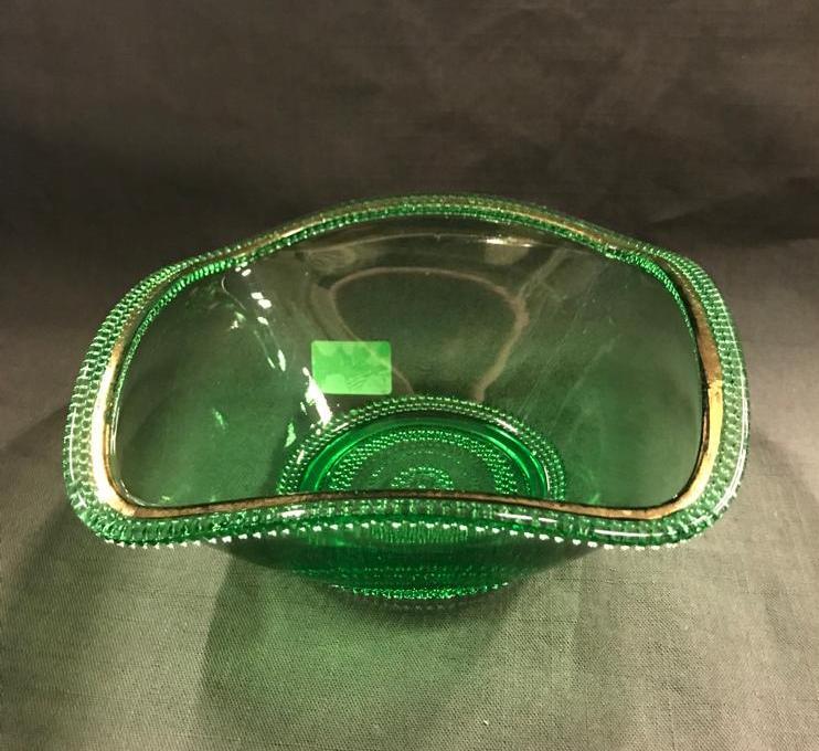Green glass serving dish with gilding