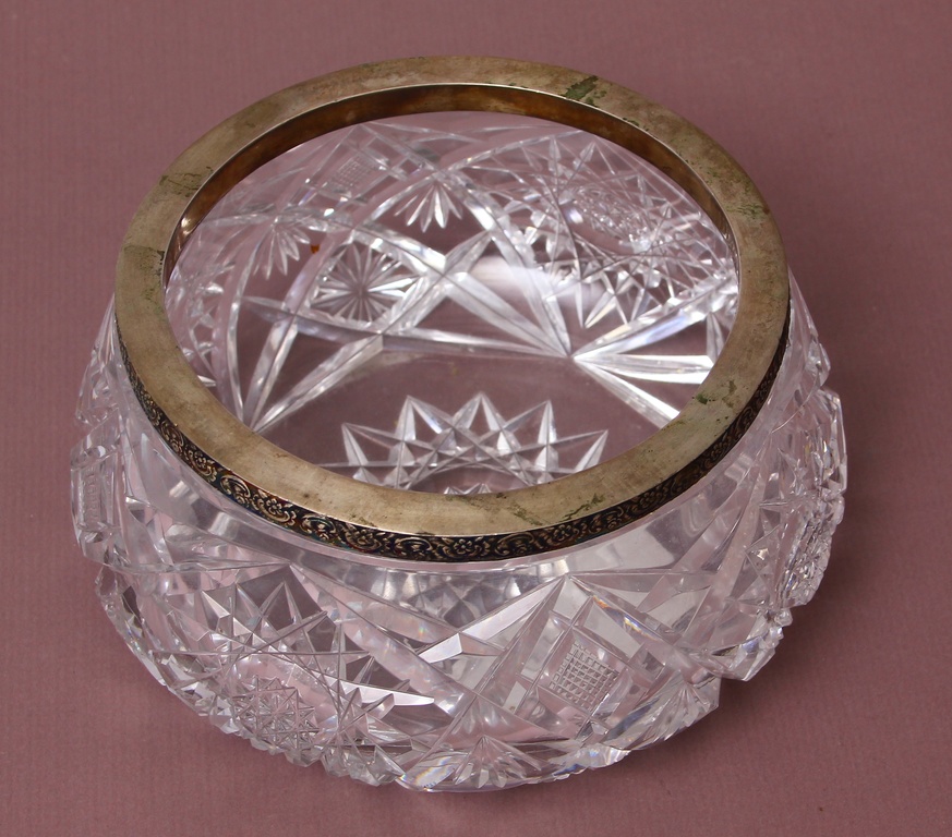 Crystal serving dish with silver rim
