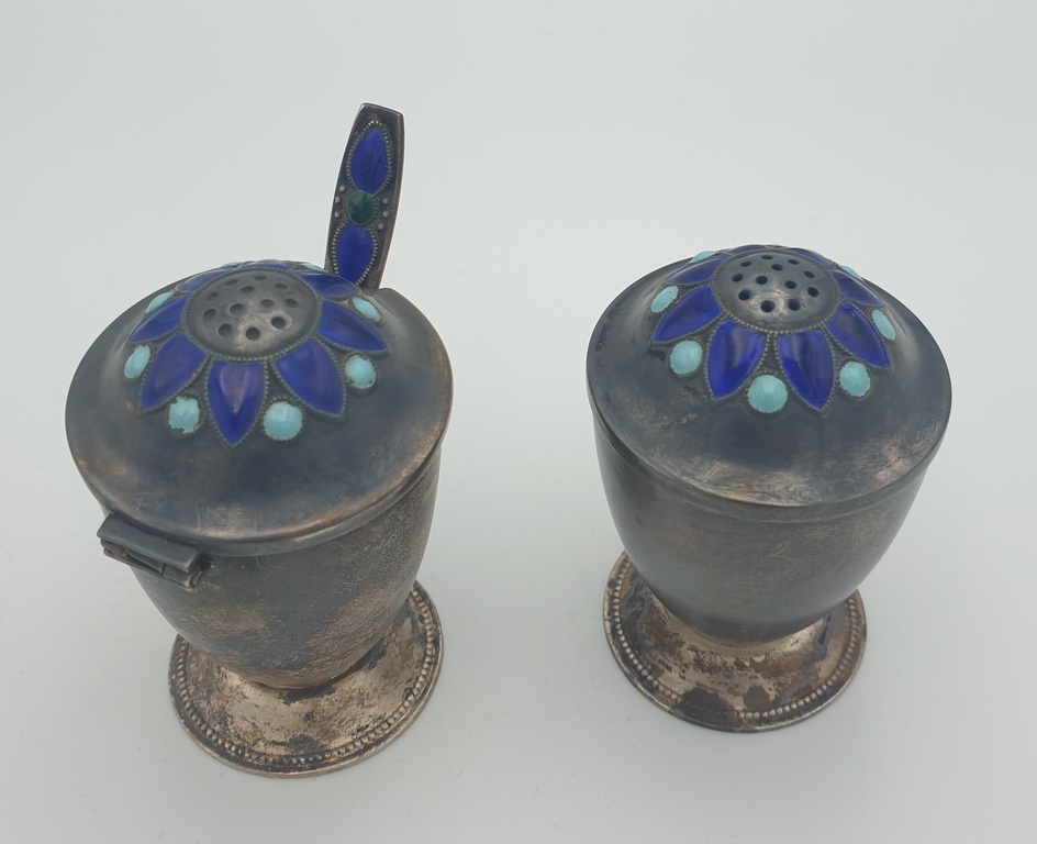 Silver spice set with two colors of enamel
