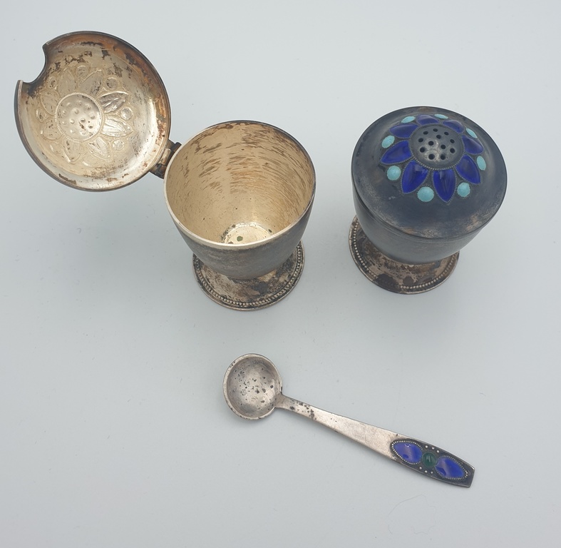 Silver spice set with two colors of enamel