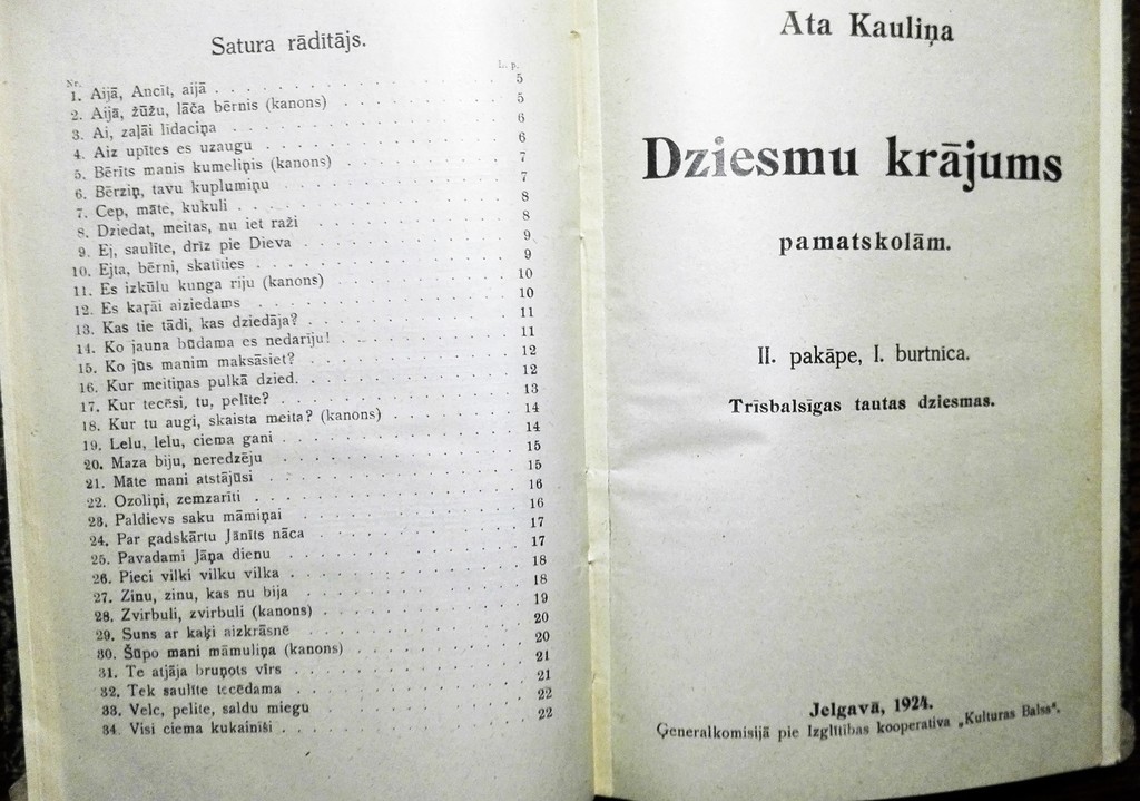 Ata Kauliņa Song Collections (for primary schools and choirs), 1924, Jelgava, 118 pages, 28 cm x 21 cm 
