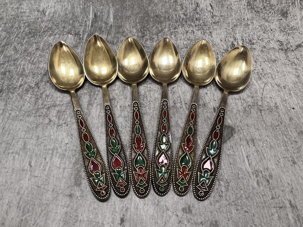 Silver spoons with enamel and gilding (6 pcs)