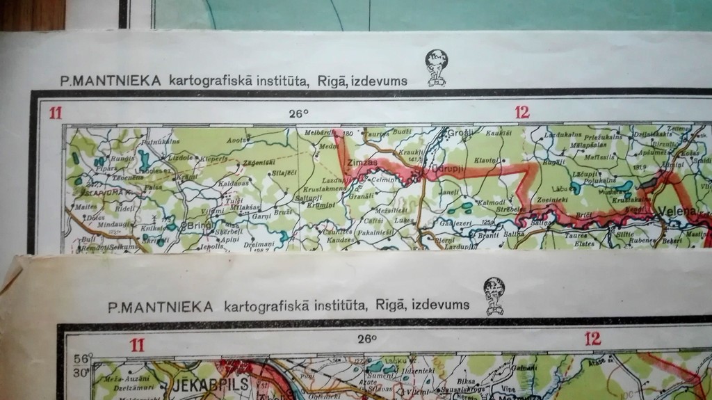 Sešas Latvijas kartes daļas, P. Mantnieka kartogrāfiskā institūta izdevums, Rīga