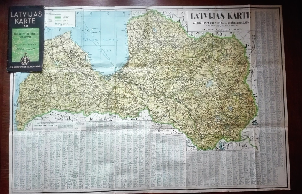 Latvijas karte ar pilnīgu vietu vārdu sarakstu, 1938, A/S 