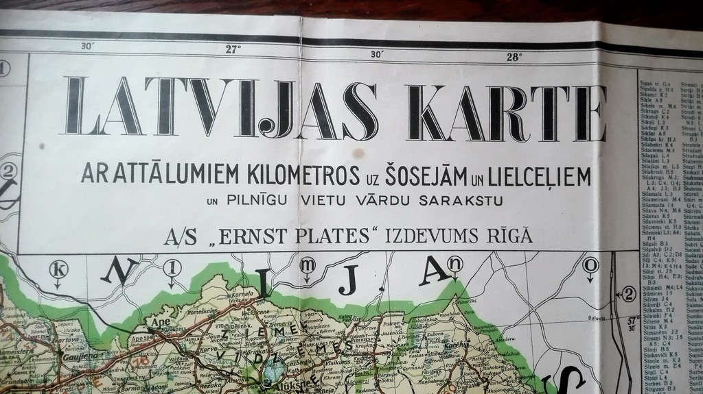Map of Latvia with a complete list of place names, 1938, edition of A / S 