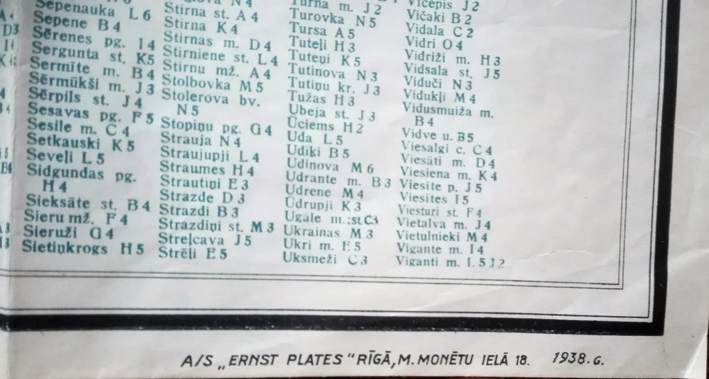 Latvijas karte ar pilnīgu vietu vārdu sarakstu, 1938, A/S 