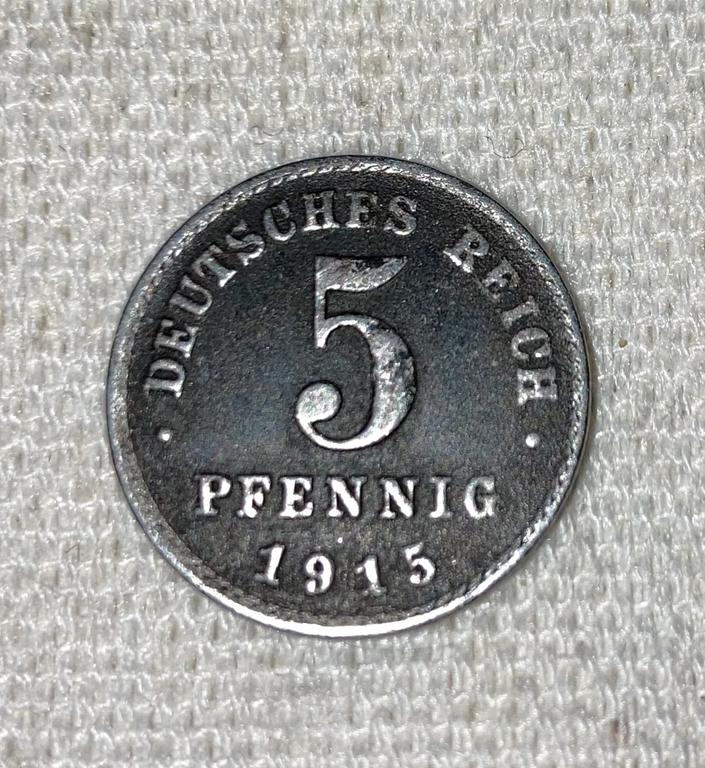 Vācu 5 feniņu monēta, 1915. gads