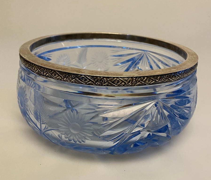 Blue crystal bowl with silver finish