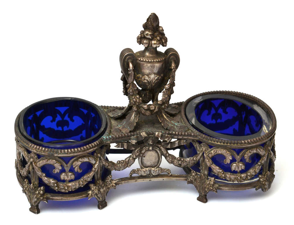 Russian Silver spice jar with blue glass jars by Karl Faberge