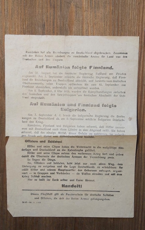 Red Army brochure for German soldiers calling to surrender. Brochure as a pass to the Red Army.