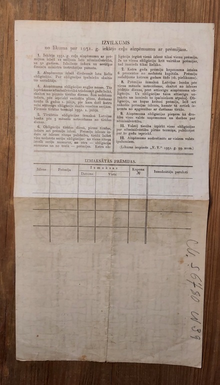 Bond. Latvia's internal road loan with bonuses in 1931. Director Miezis.
