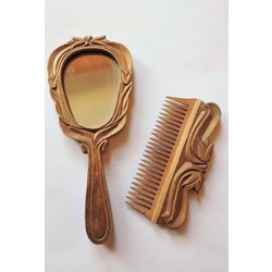 Set - carved wooden ladies hand mirror + comb 