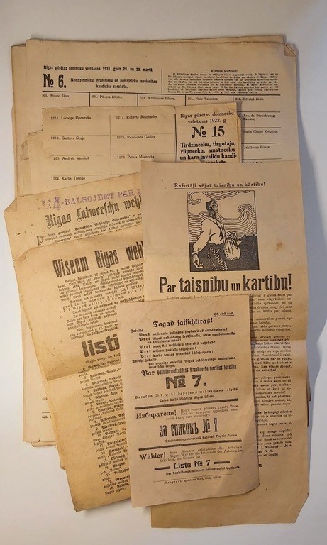 Electoral rolls and invitations to voters. Campaigning. Election of Riga City Councilors 1931. Election of Riga City Councilors 1922. Saeima elections 1922. 4 calls for voters. Election instructions.