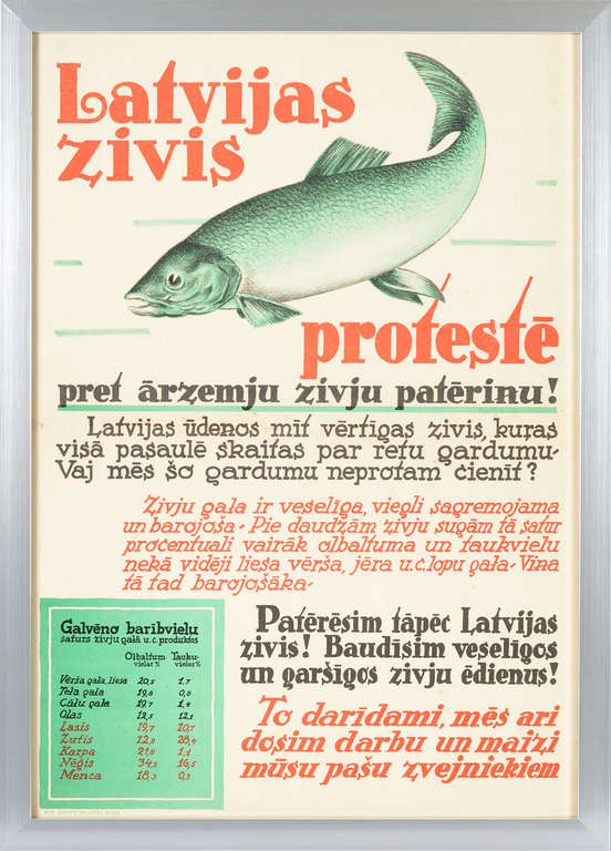 Плакат  ''Latvijas zivis protestē' pret ārzemju zivju patēriņu''