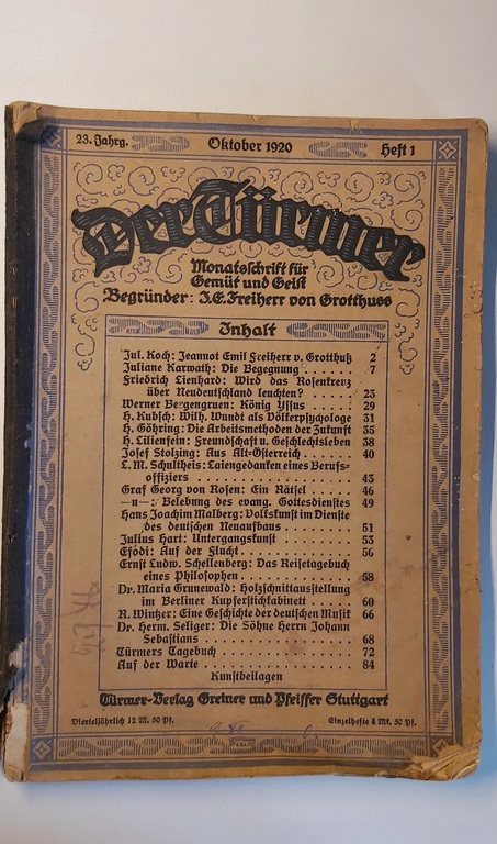 Der Türmer. Monatsschrift für Gemüt und Geist. 1920.gada oktobra izdevums. 1 sējums. Ikmēneša izdevums prātam un garam.