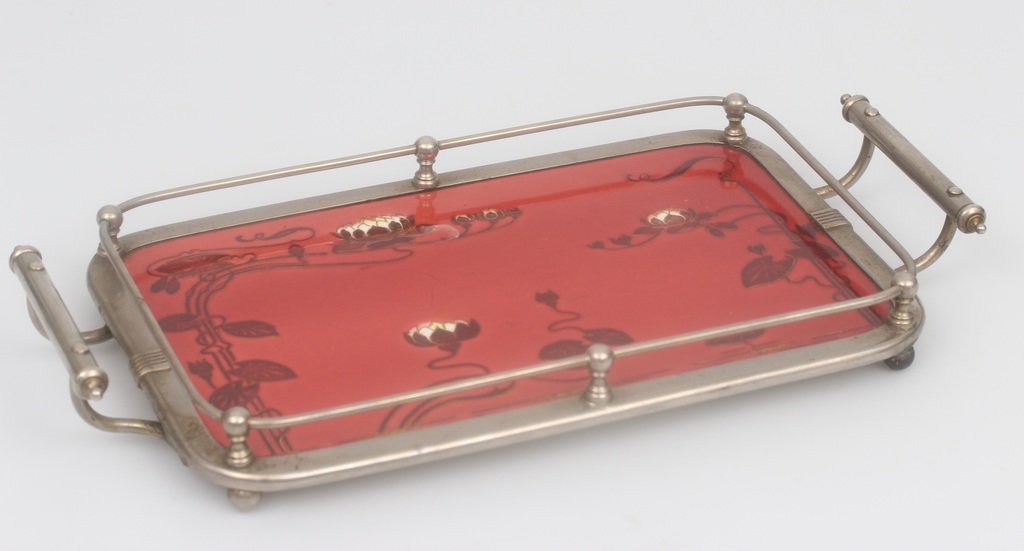 Art Nouveau faience tray with metal finish