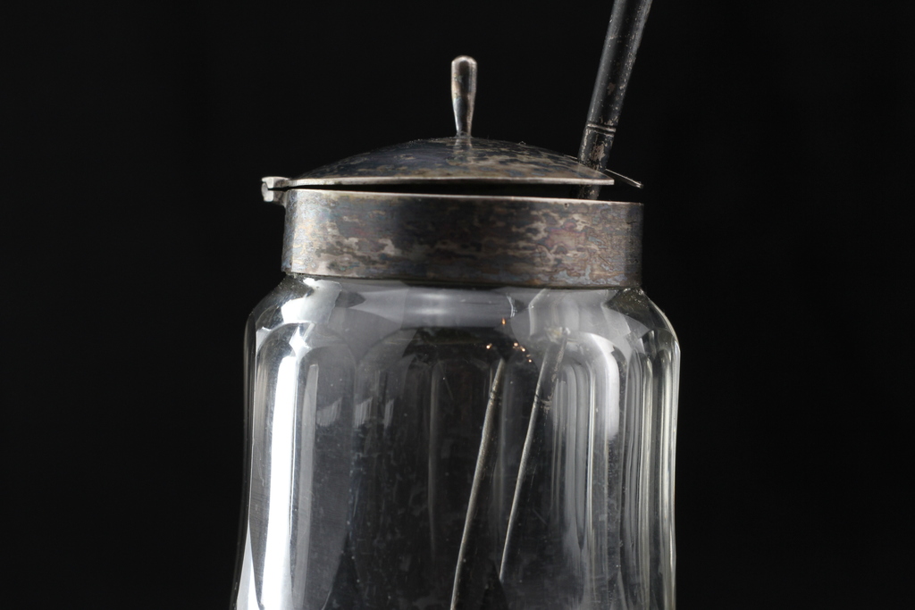 Crystal mustard container with a silver spoon