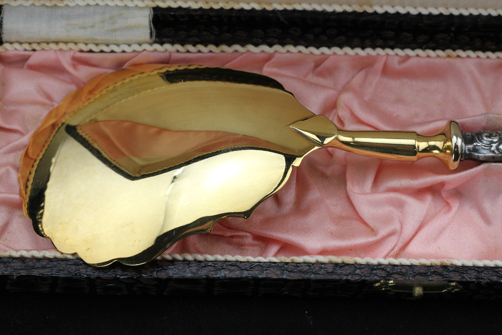 Gilded dessert serving spoon with engraving