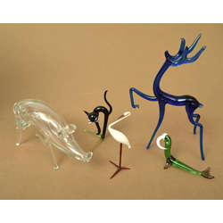 Glass figures - stork, seal, cat, wild boar, deer (5 pcs.)
