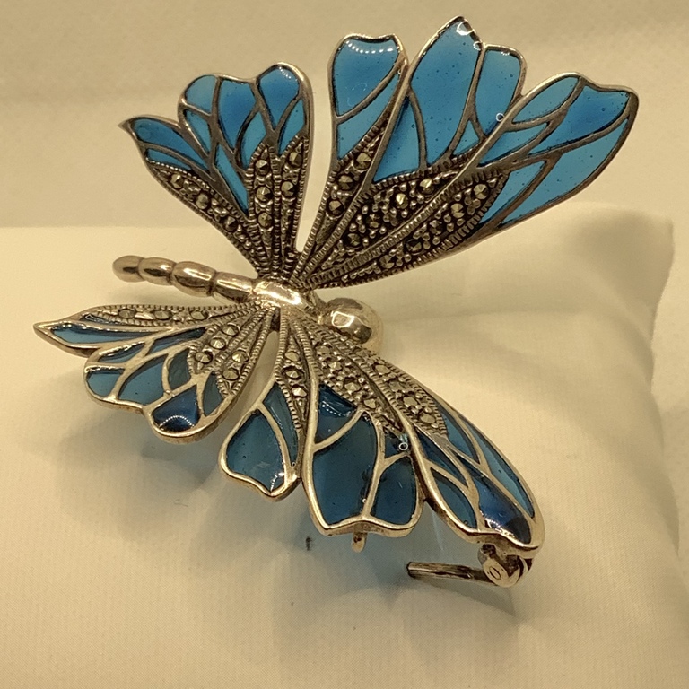 Brooch BUTTERFLY.Cloisonne technique.Hot filling.Sapphire crystal.Silver.Art Deco.Sapphire crystal.