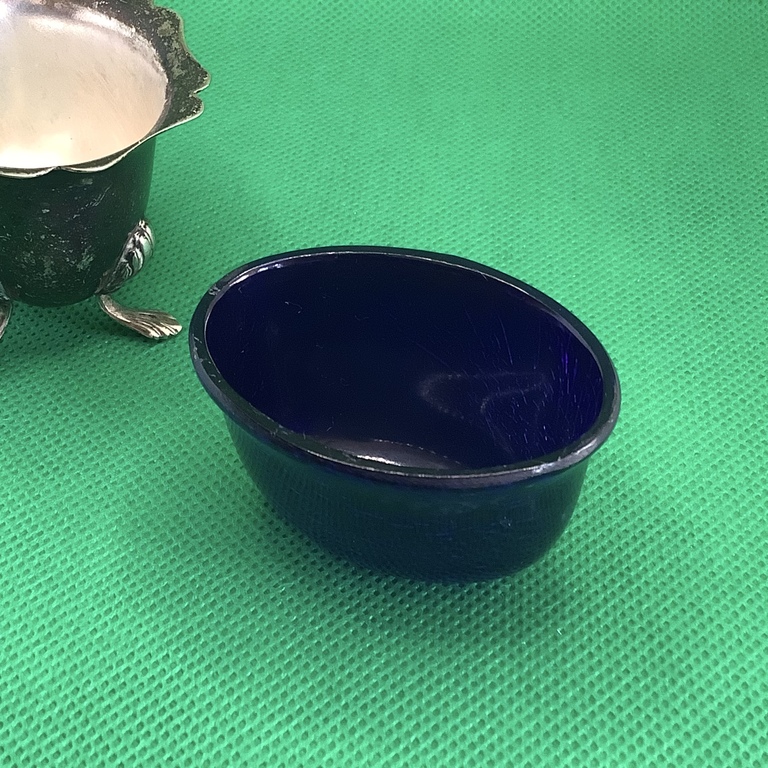 Silver-plated salt shaker on legs with cobalt glass insert .France.Stamp.