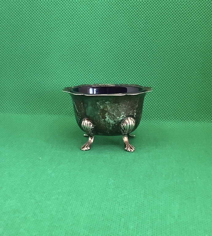 Silver-plated salt shaker on legs with cobalt glass insert .France.Stamp.