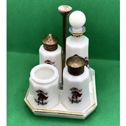 ART DECO.Set for spices made of milky, opaque glass with bronze fittings.Hand-painted.Excellent condition.