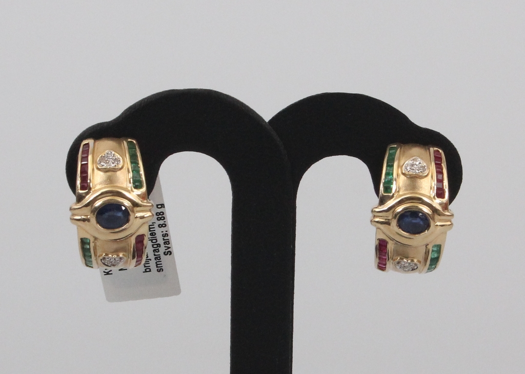 Gold earrings with diamonds, rubies, emeralds and sapphires
