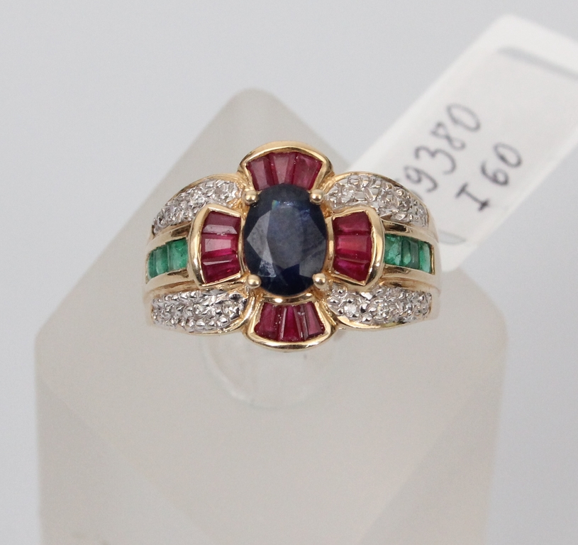 Gold ring with diamonds, rubies, emeralds and sapphires