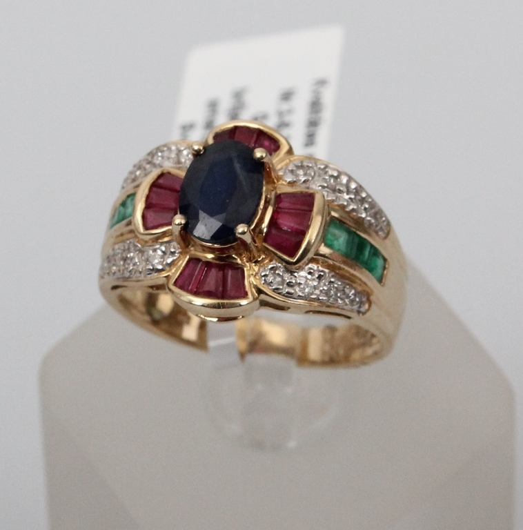 Zelta gredzens ar briliantiem, rubīniem, smaragdiem un safīriem