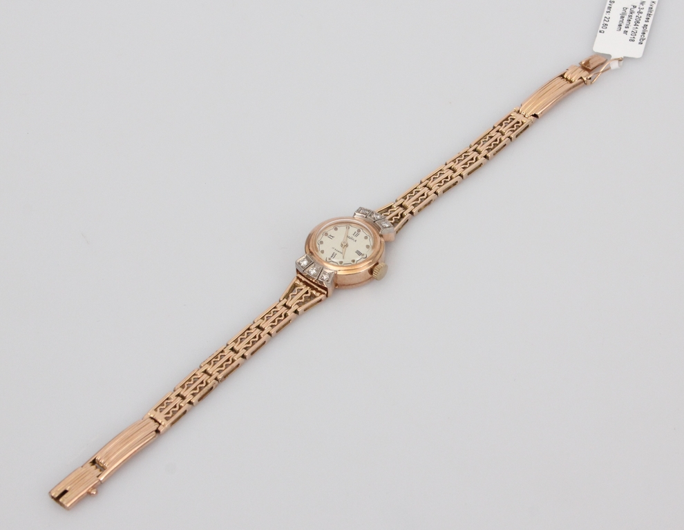Механические женские золотые часы с 6 бриллиантами