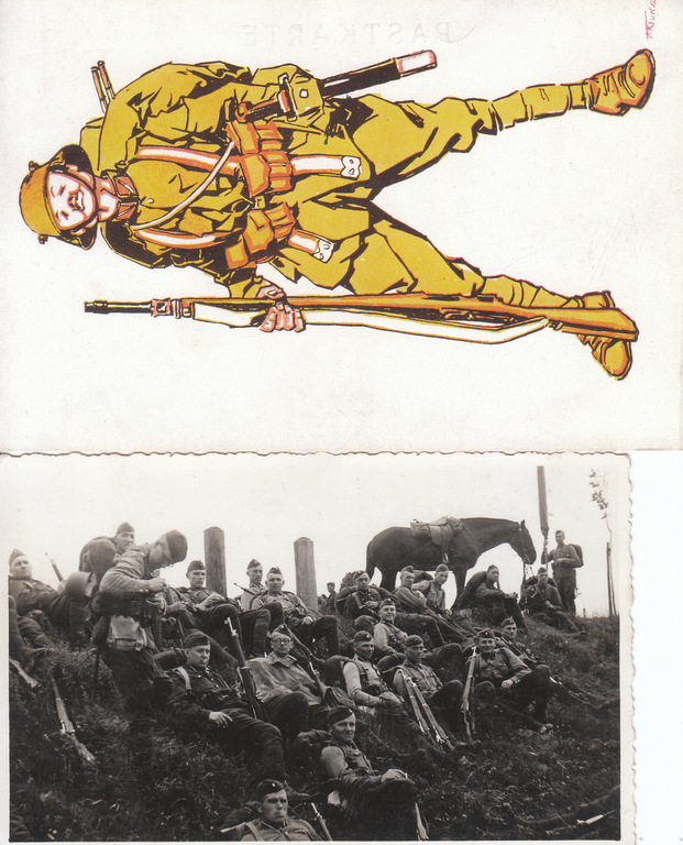 2 atklātnes - karavīri atpūtā un karavīra zīmējums