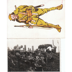 2 postcards - soldiers at rest and a soldier's drawing