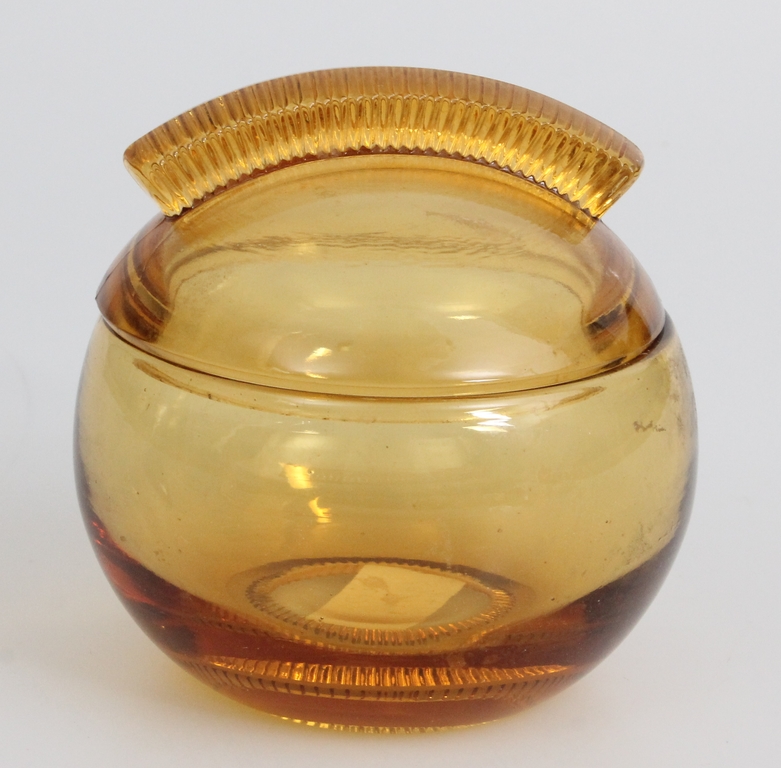 Yellow glass sugar bowl with lid