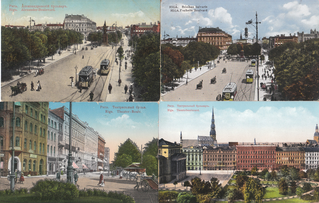 4 postcards - Riga. Theater boulevard. Alexander Boulevard