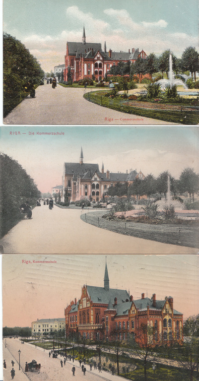 3 postcards - Riga. Commercial school