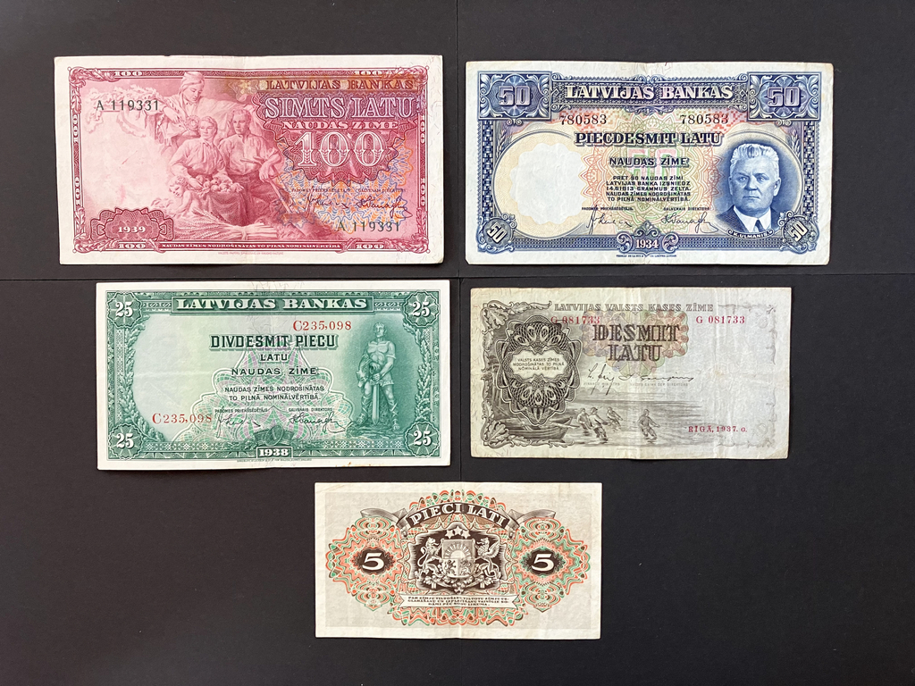 Banknote set of the Bank of Latvia during the first independence