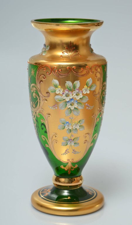 Green glass vase with gilding