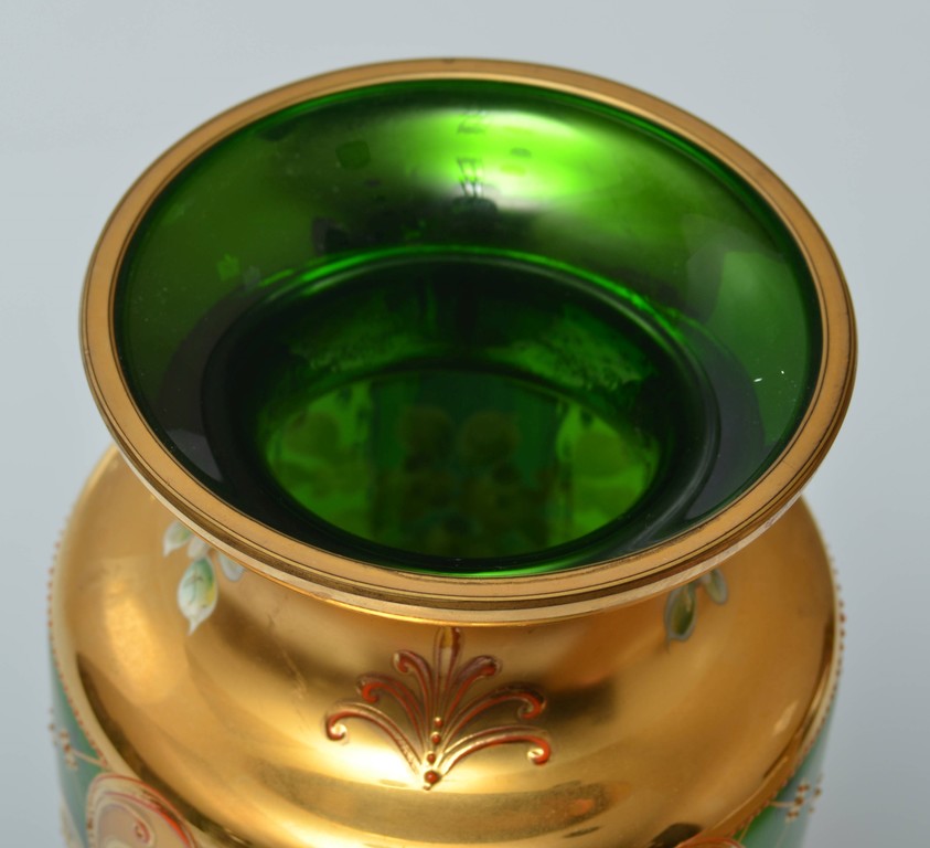 Green glass vase with gilding