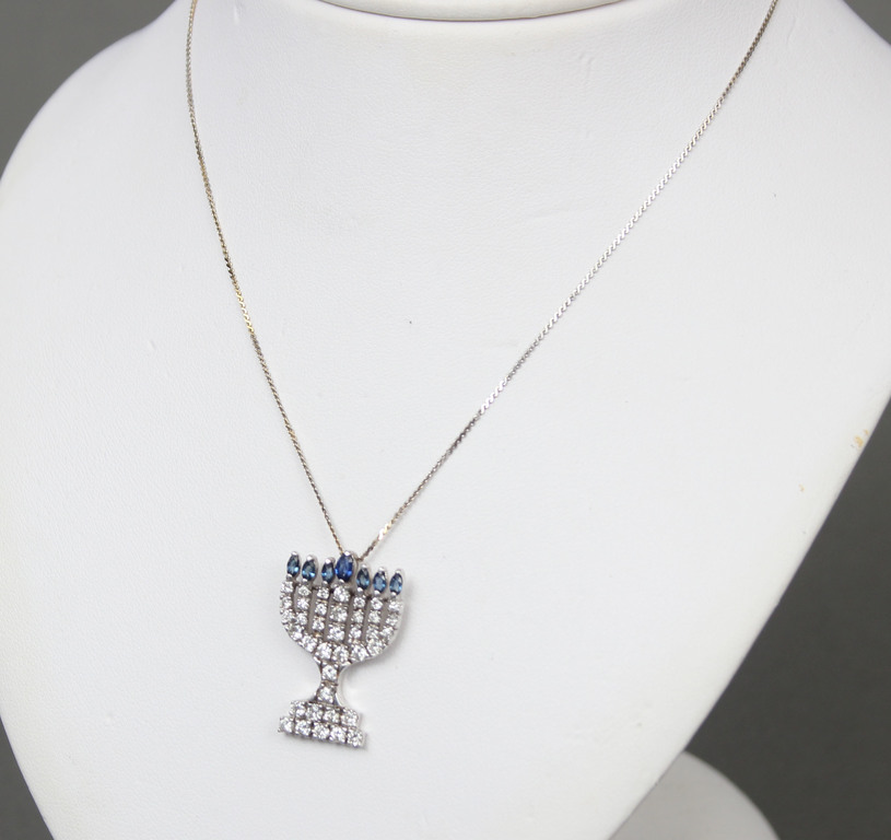 Gold chain with a pendant - diamonds and sapphires - Candlestick in the form of a minor
