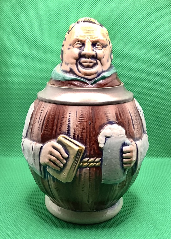 Beer mug Monk, ceramic lid on zinc, 1950-60. Germany