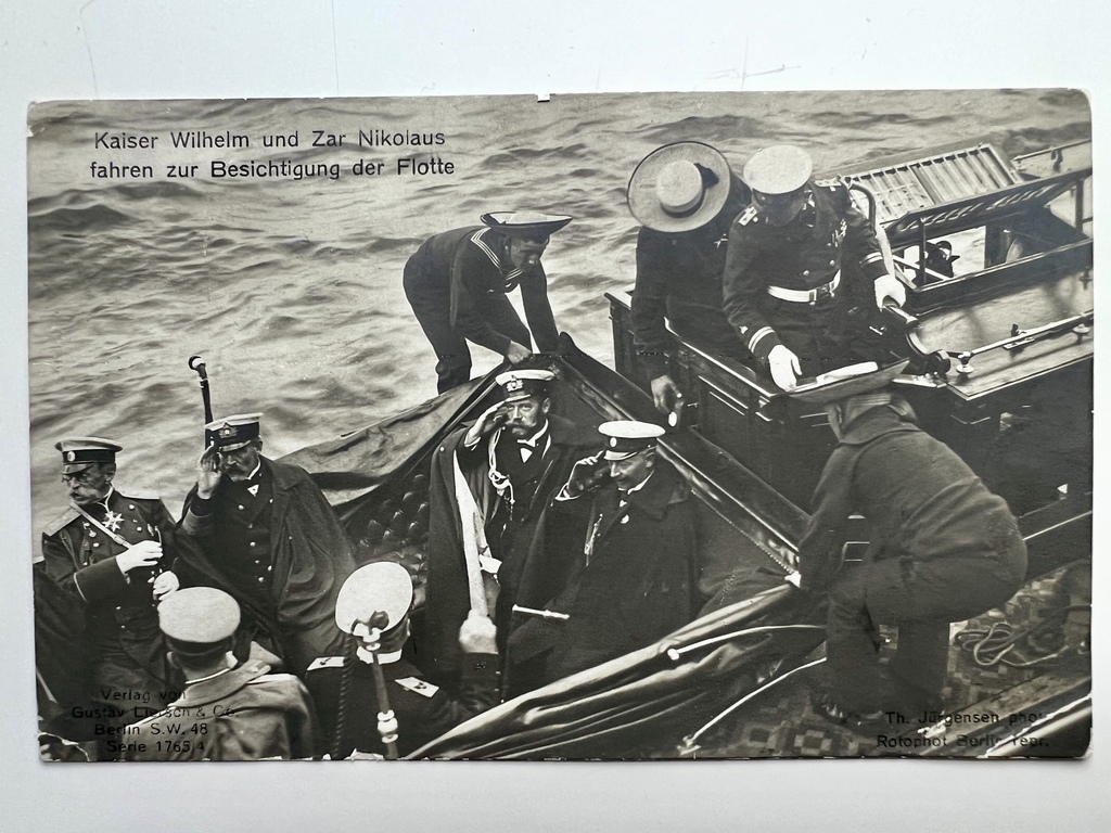 Foto pastkarte. Ķeizars Vilhelms un Viskrievijas imperators Nikolajs II laivā, pietauvoti. 1907. gads