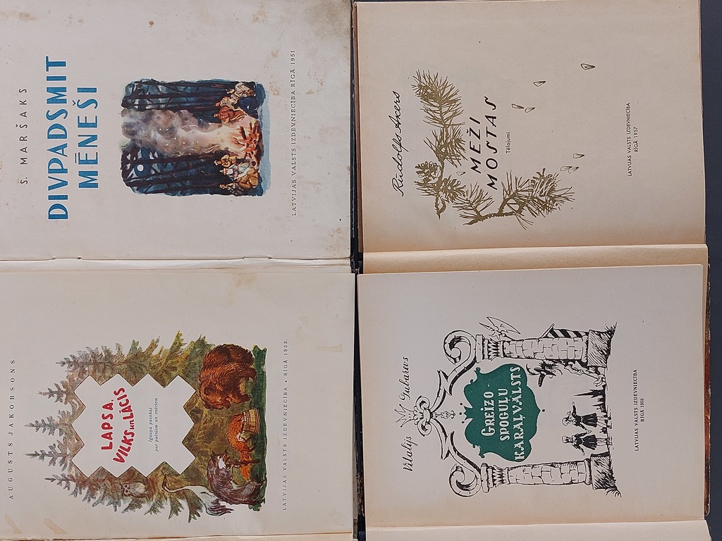 4 grāmatas bērniem DIVPADSMIT MĒNEŠI 1951 g.,LAPSA,VILKS un LĀCIS 1953 g.,MEŽI MOSTAS 1957 g.