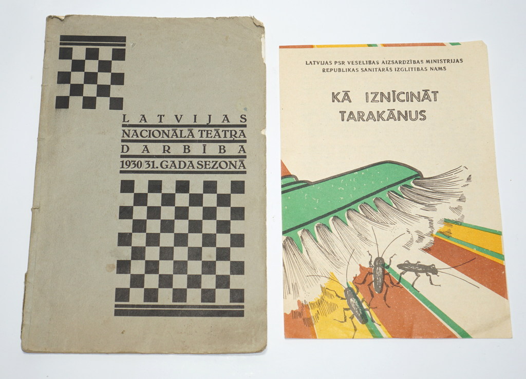 Grāmata ''Latvijas nacionālā teātra darbība 1930-31.gada sezonā'' un plakāts ''Kā iznīcināt tarakānus''