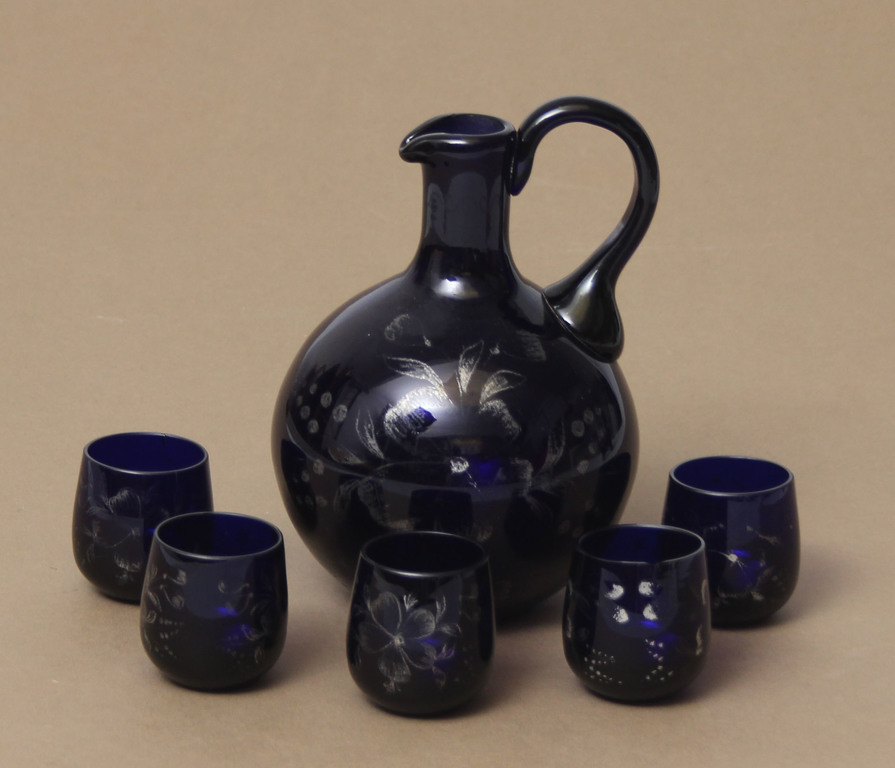 Dark blue glass decanter with five glasses