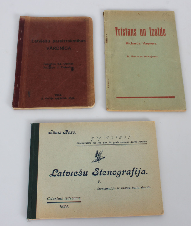 Grāmatu komplekts ''Tristans un Izolde''; ''Latviešu pareizrakstības vārdnīca''; ''Latviešu Stenogrāfija''